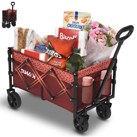 DUHKOI collapsible wagon with wheels for easy all-terrain transport on outdoor adventures.