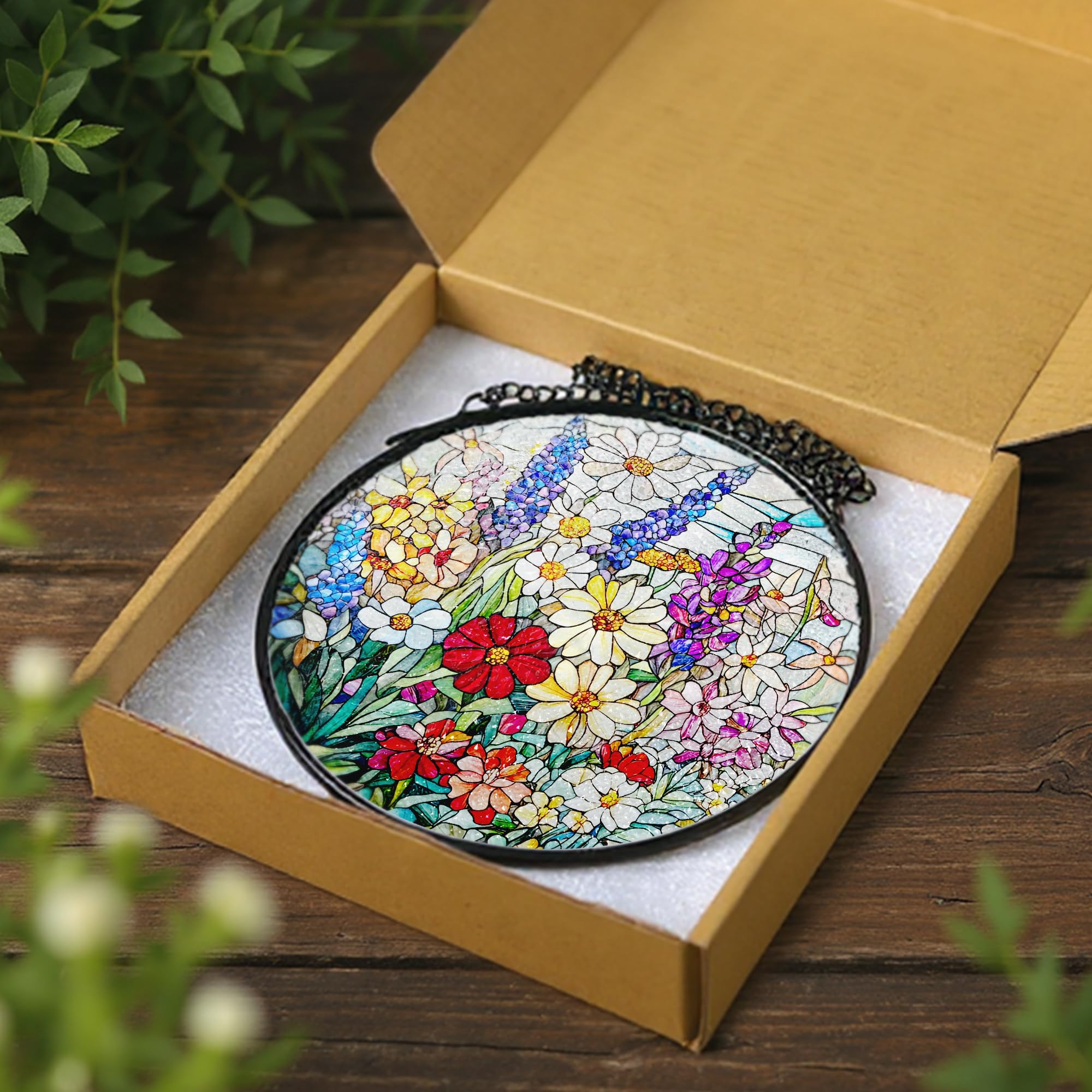 DUJITODOH Floral glass art suncatcher creates cheerful interior glow.