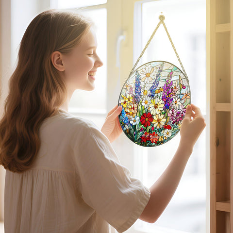 DUJITODOH Double-sided stained glass suncatcher catches light from both sides.