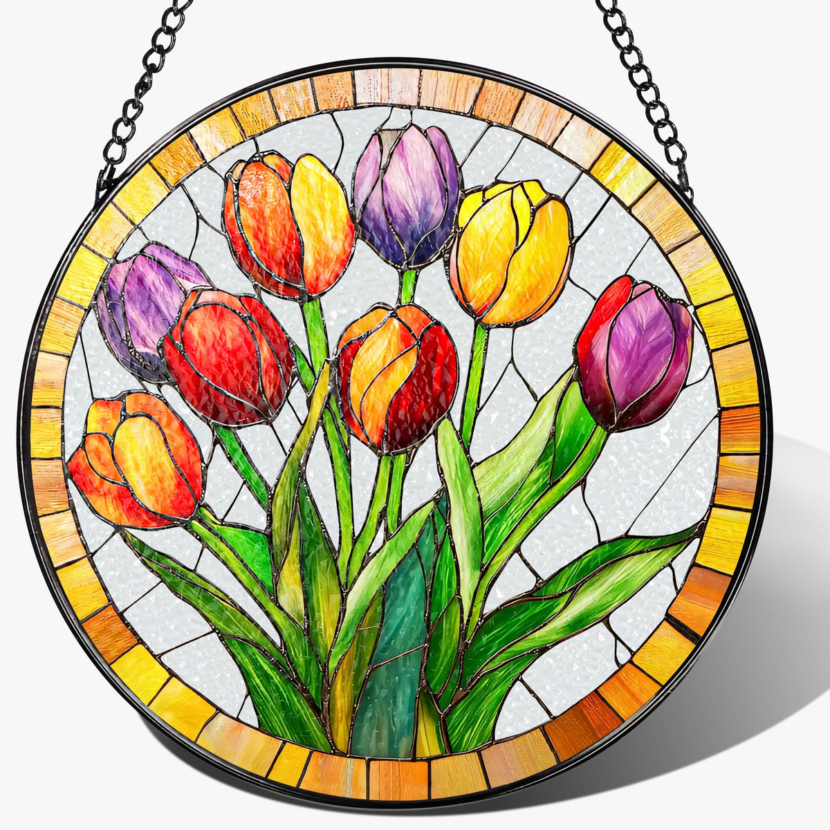 DUJITODOH stained glass tulips suncatcher showcasing vibrant colors through sunlit windows.