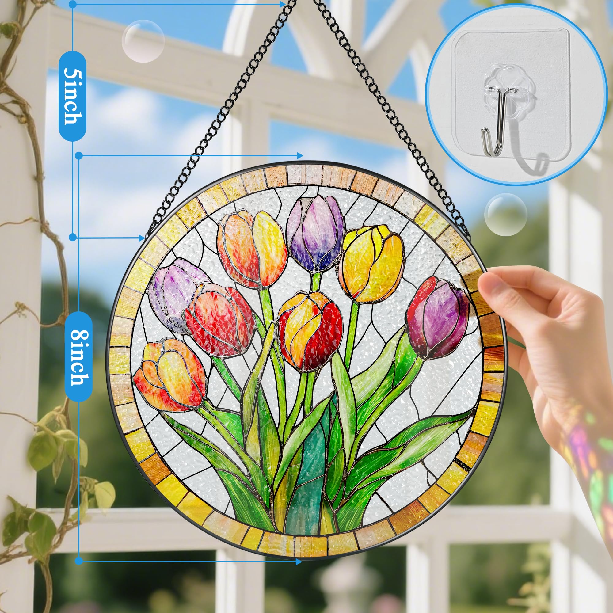 DUJITODOH tulips stained glass window decor adds a bold focal point and glow.