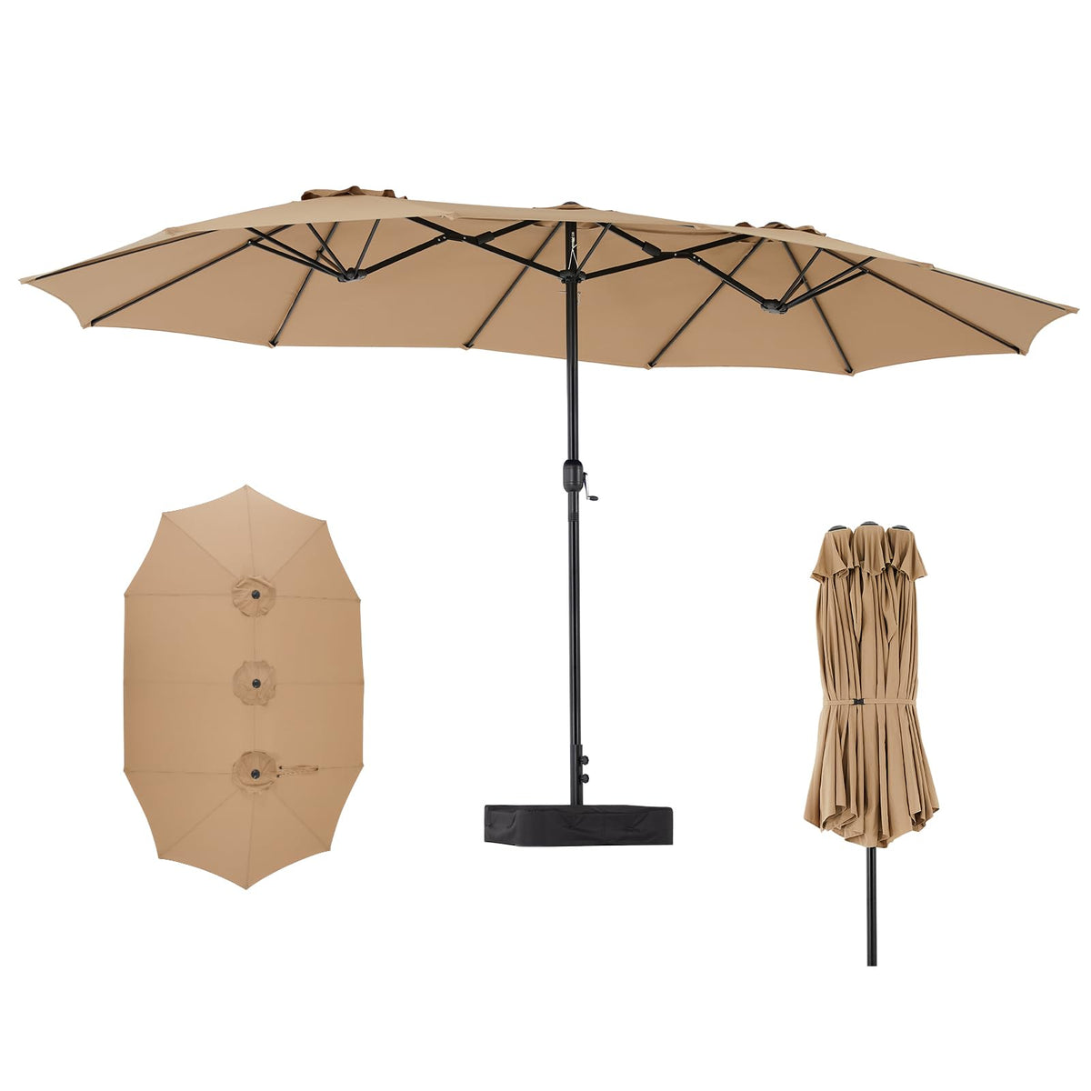 DUMOS 15ft patio umbrella with base included provides shaded space for family gatherings