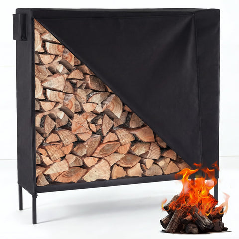 DUMOS 4ft firewood rack with cover keeps logs dry outdoors.