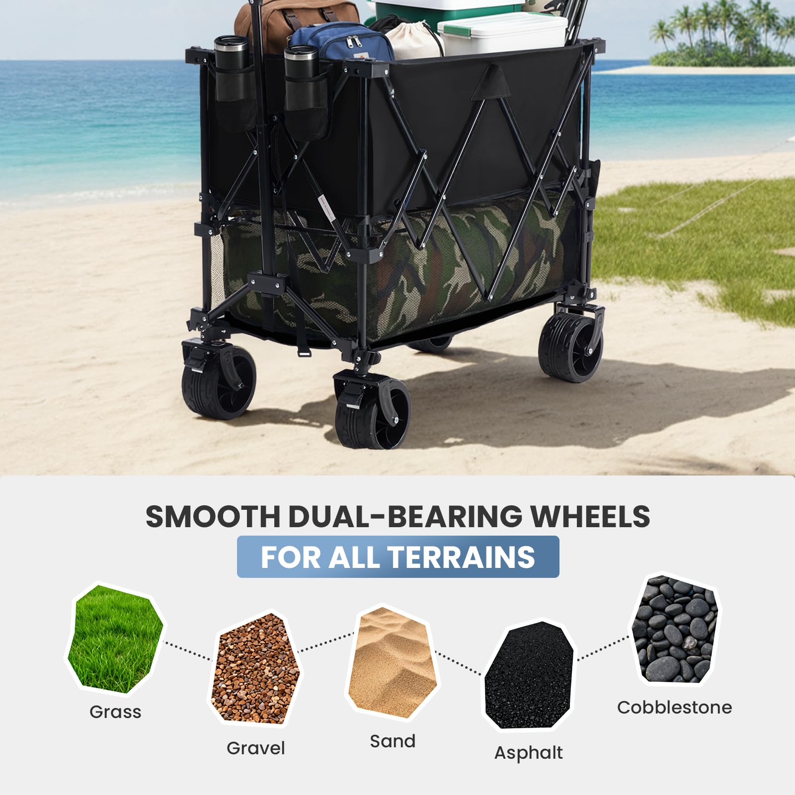 DUMOS all-terrain wheels with 360-degree swivel for varied surfaces