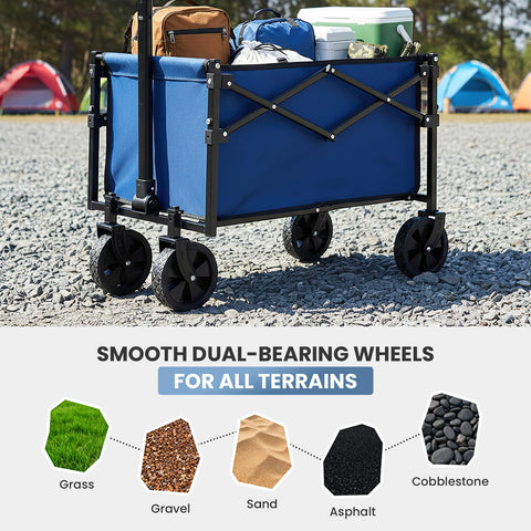 DUMOS 360-swivel-wheels ensure maneuverability on beaches and gardens.