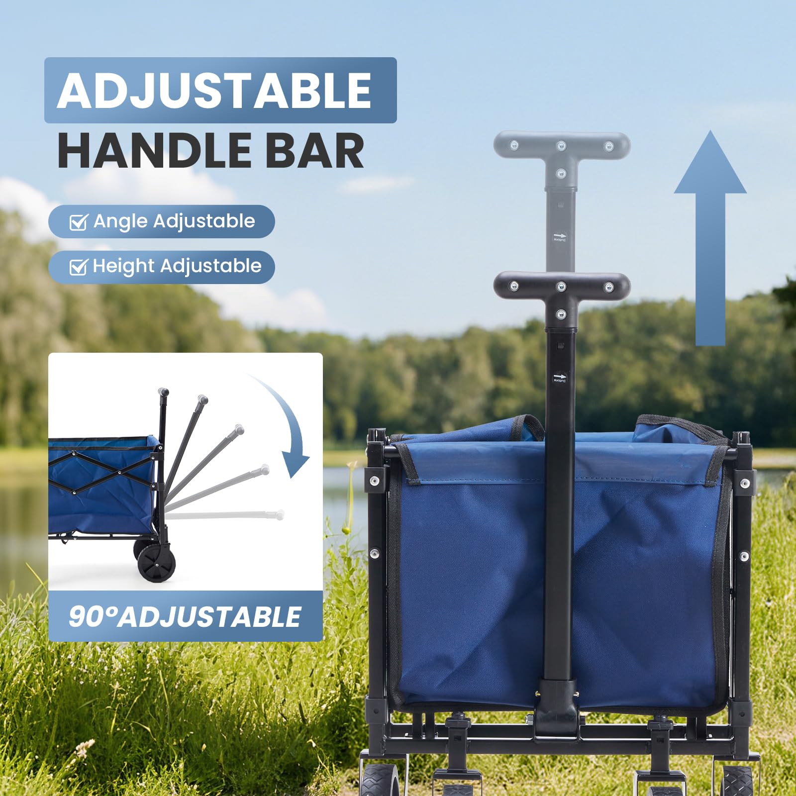 DUMOS adjustable-handle wagon offers customizable height for comfortable pulling.