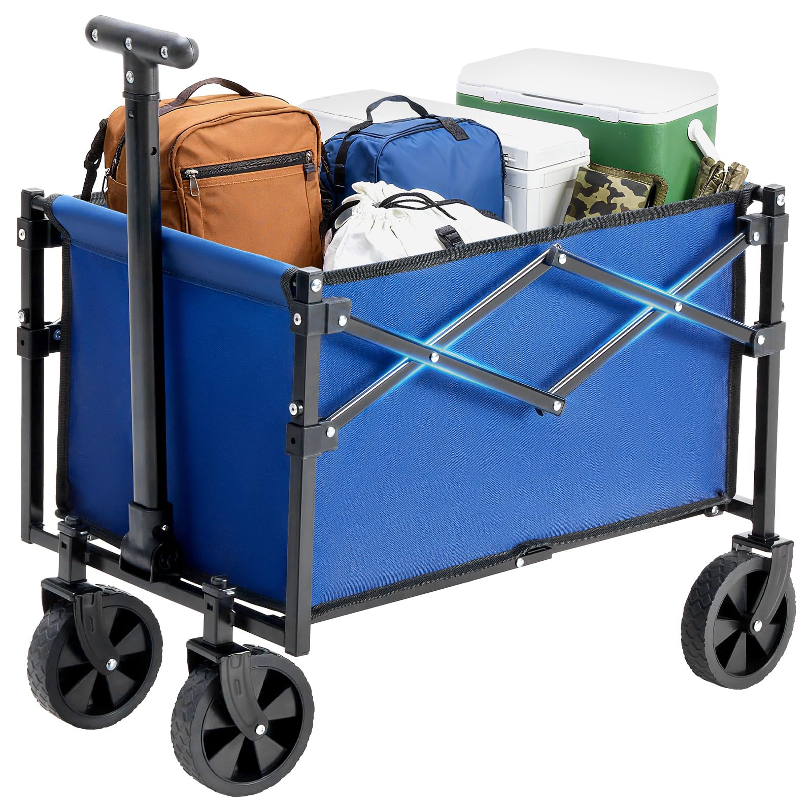 DUMOS collapsible wagon wheels provide smooth mobility on varied surfaces for groceries and gear.