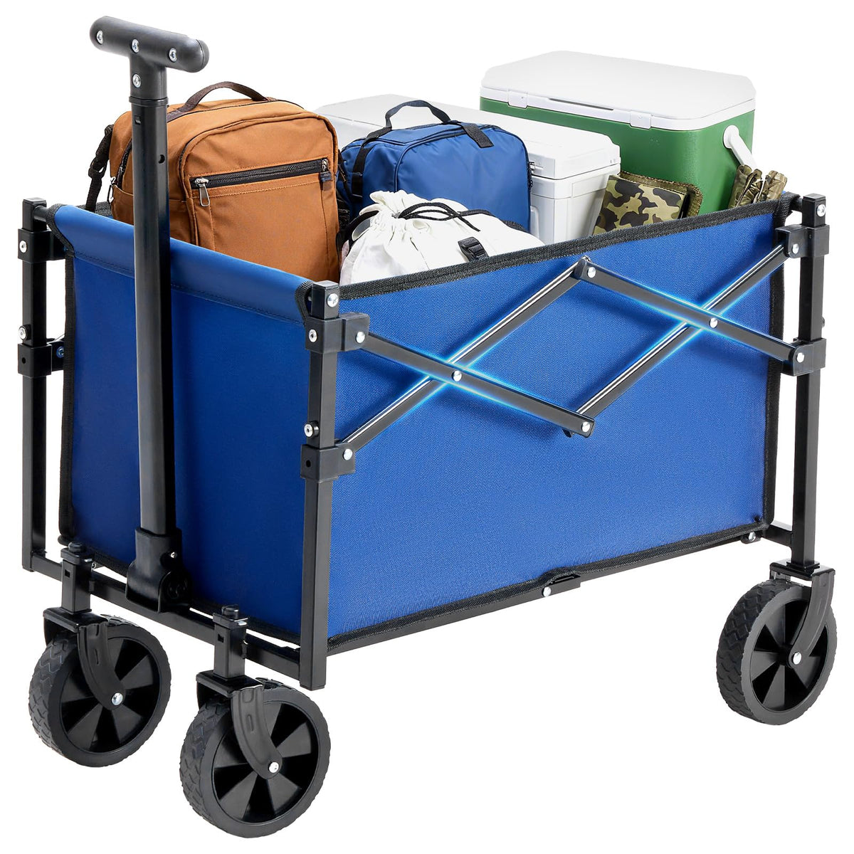 DUMOS collapsible wagon wheels provide smooth mobility on varied surfaces for groceries and gear.