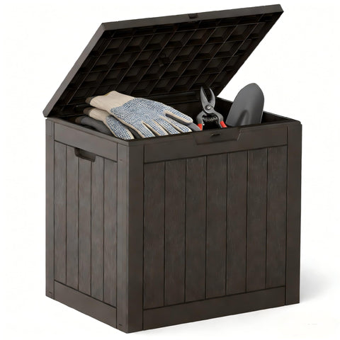 DUMOS deck box front view with lockable outdoor storage.