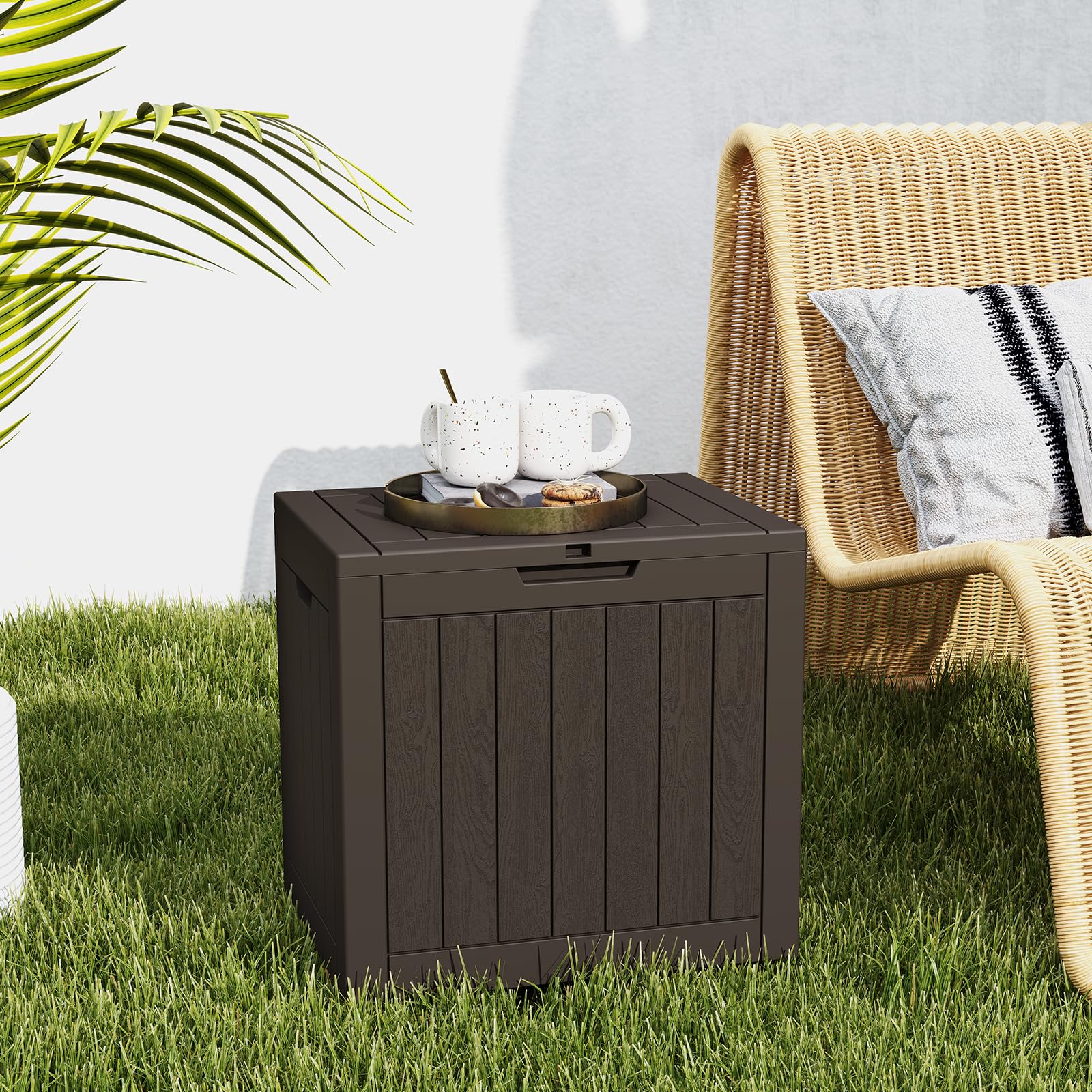 DUMOS deck box storing cushions and pool supplies outdoors.