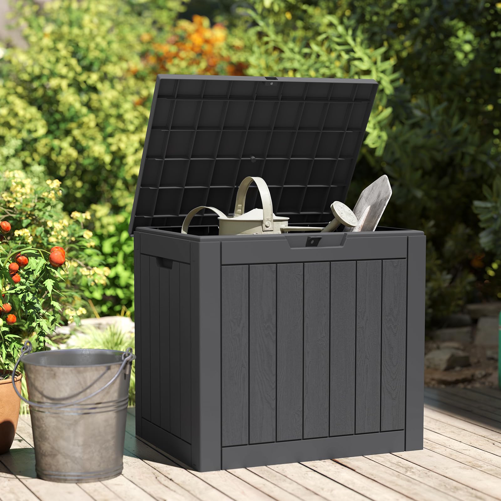 DUMOS deck box quick-assembly snaps together in minutes.