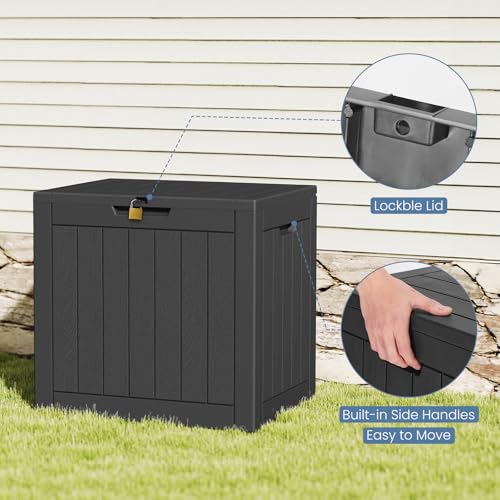 DUMOS resin deck box resists weather and UV for long-lasting use.