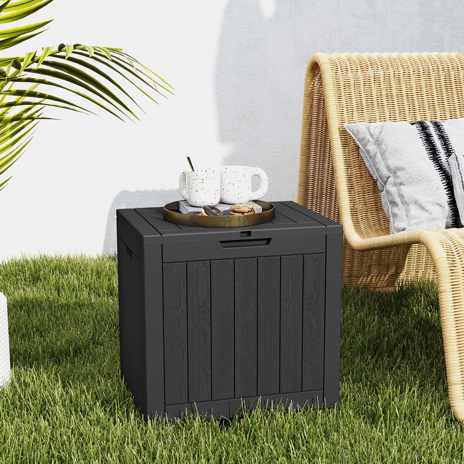 DUMOS deck box doubles as seating with 170 lb capacity.