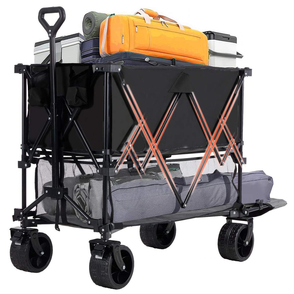 DUMOS double-decker wagon front view showing sturdy structure for heavy loads