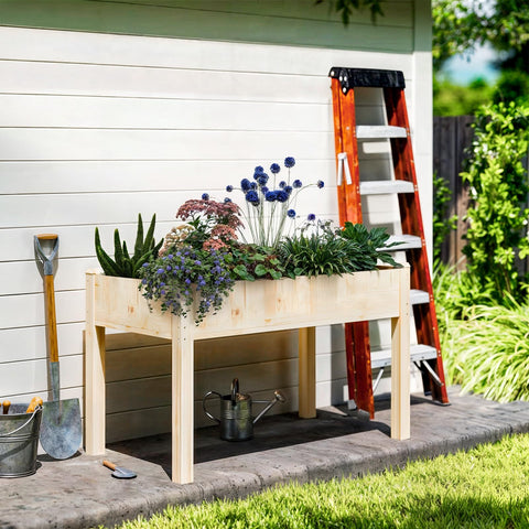 Ergonomic height of DUMOS raised bed reduces bending for comfortable gardening.