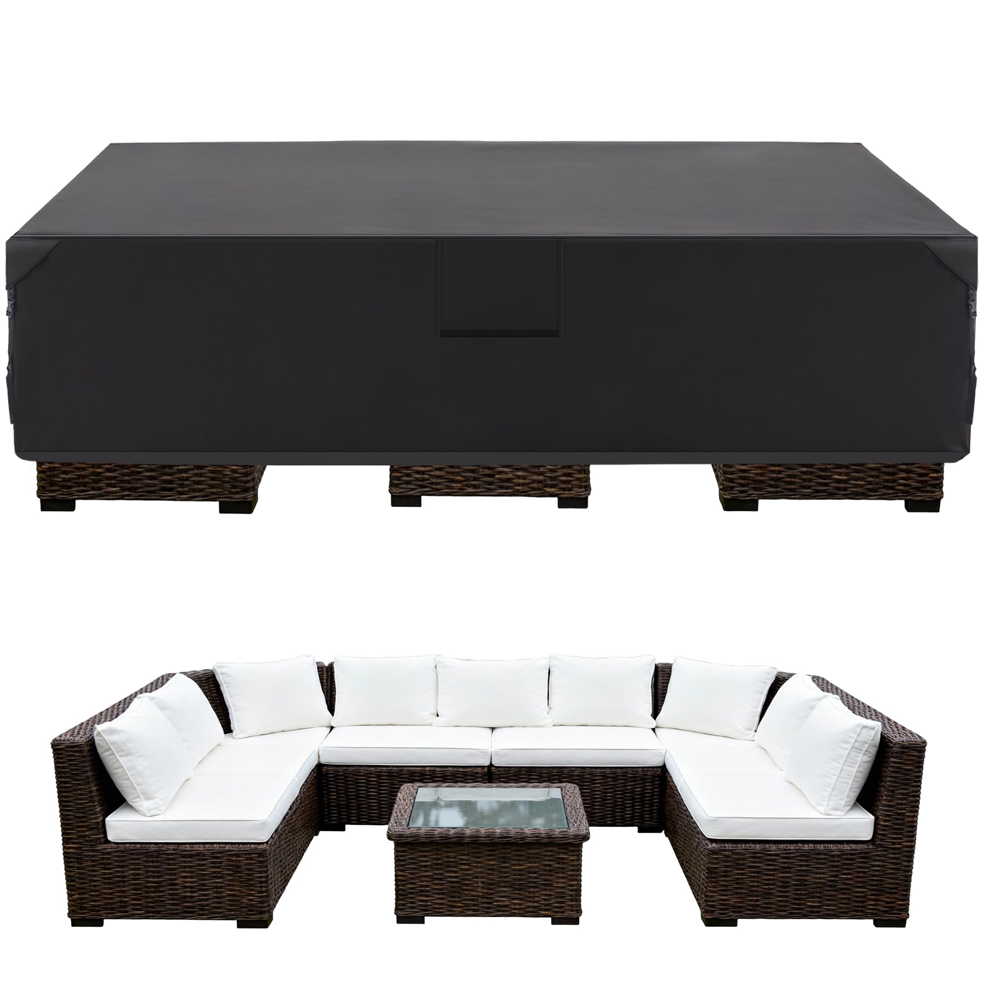 DUMOS rectangular outdoor furniture cover protects a 126-inch dining set from rain and dust