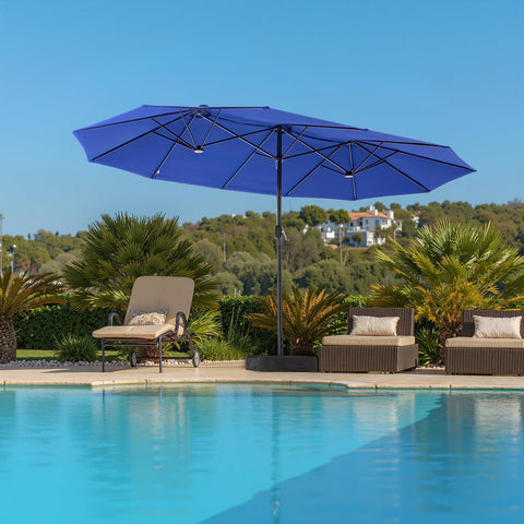 DUMOS outdoor umbrella in garden setting providing shaded seating.