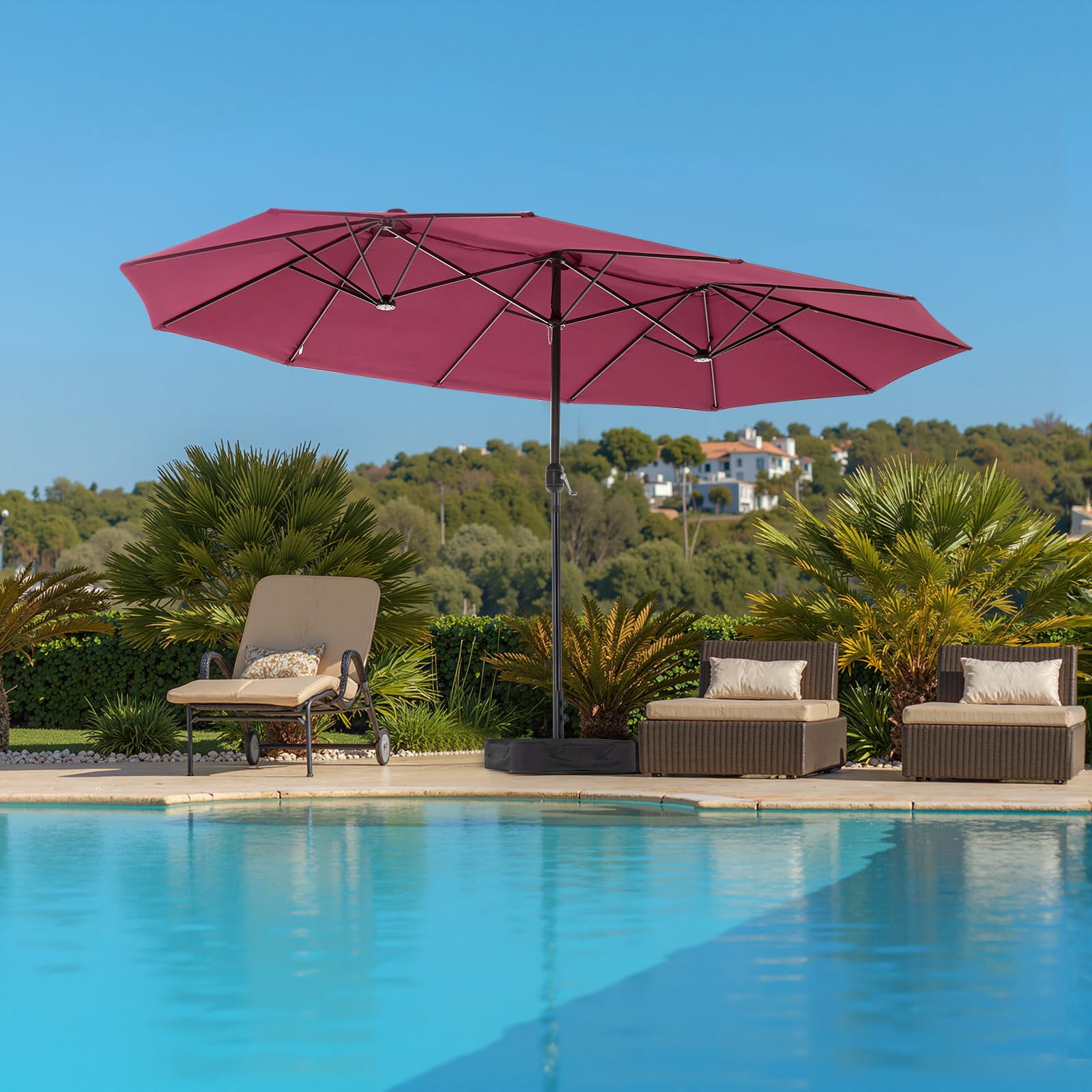 DUMOS outdoor umbrella in use on patio or deck provides generous shade