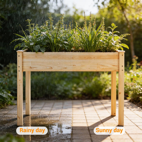 DUMOS planters on patio demonstrate easy access and ergonomic gardening.