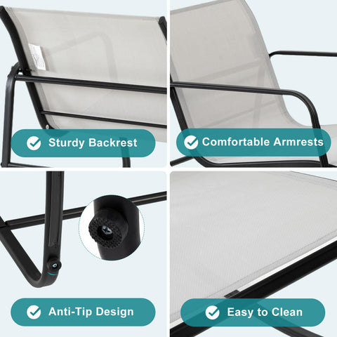 DUMOS rocking chairs with ergonomic curves offer comfortable lounging on warm evenings.