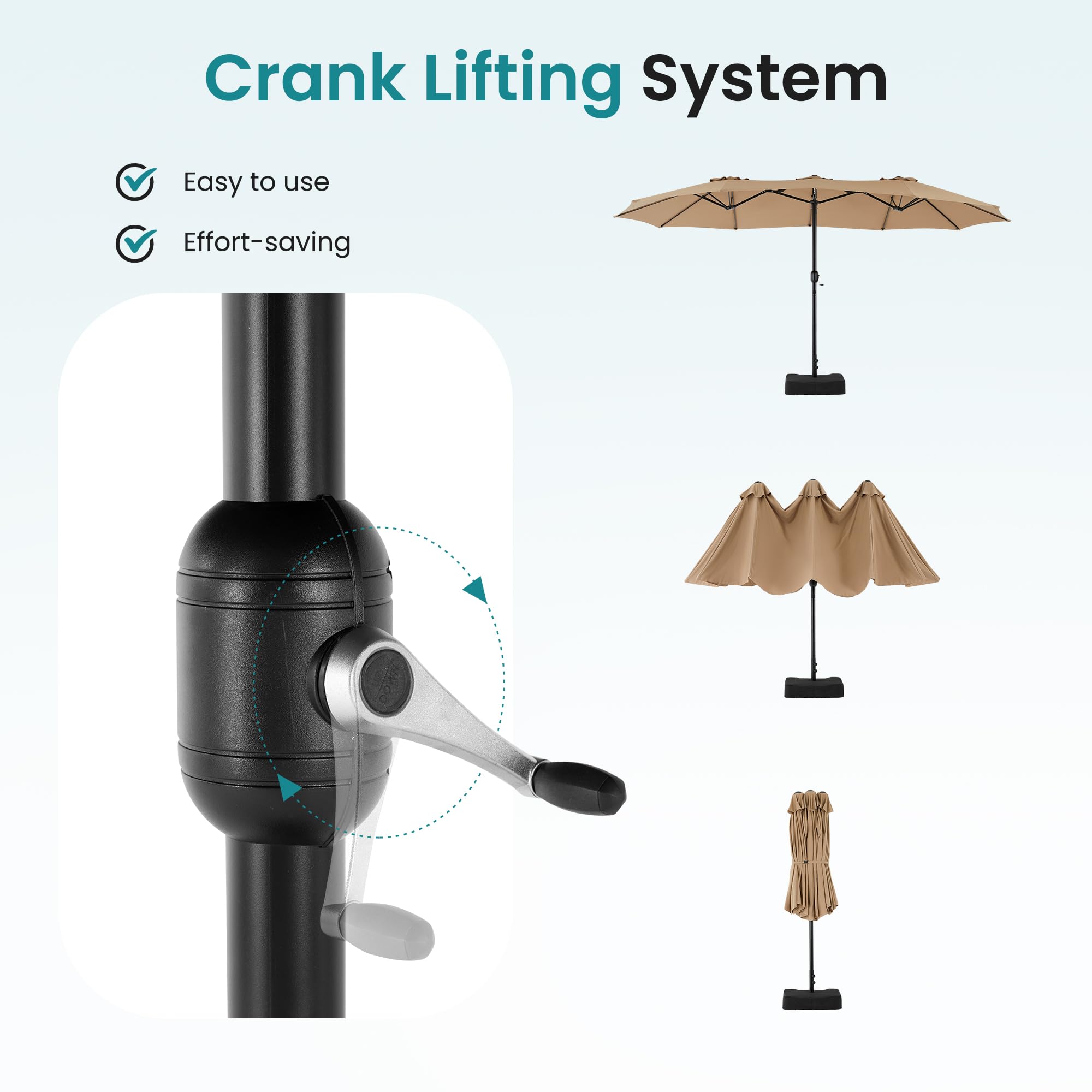 DUMOS top vent and crank mechanism enable stable, easy umbrella operation