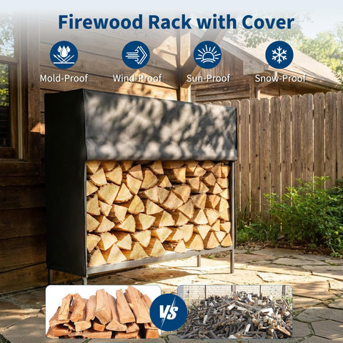 Waterproof cover shields firewood during rain and snow.