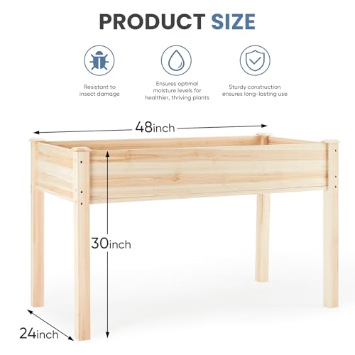 DUMOS wood elevated planter box shows durable fir wood for outdoor use.