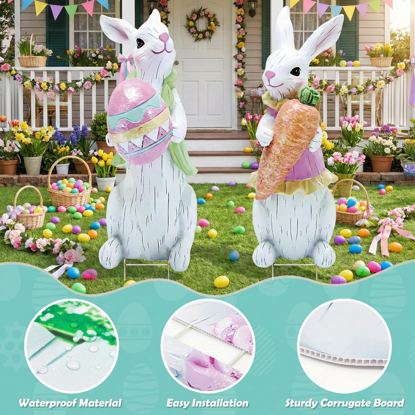 DUNFACK Bunny yard sign reaches 31.5 inches tall for eye-catching lawn impact.