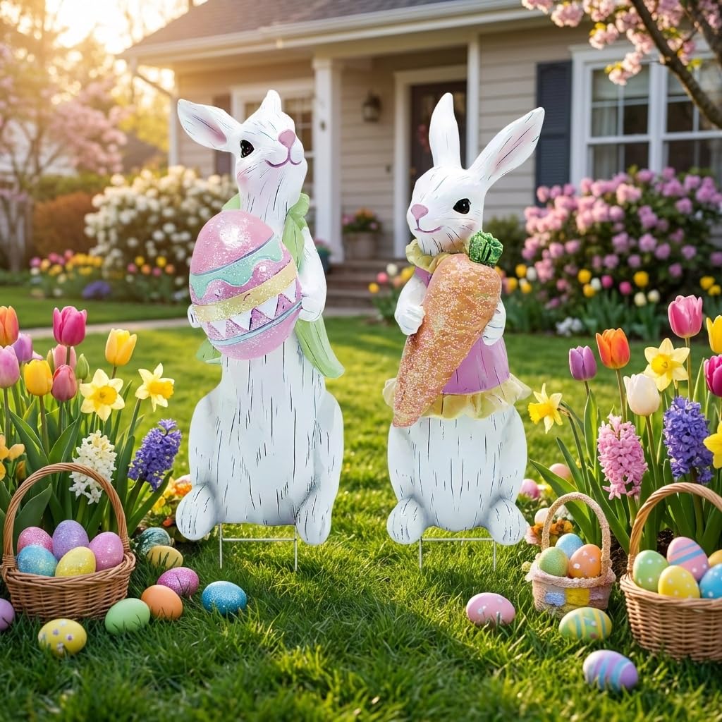 DUNFACK Easter yard sign pair featuring bunnies and egg for festive lawn display.