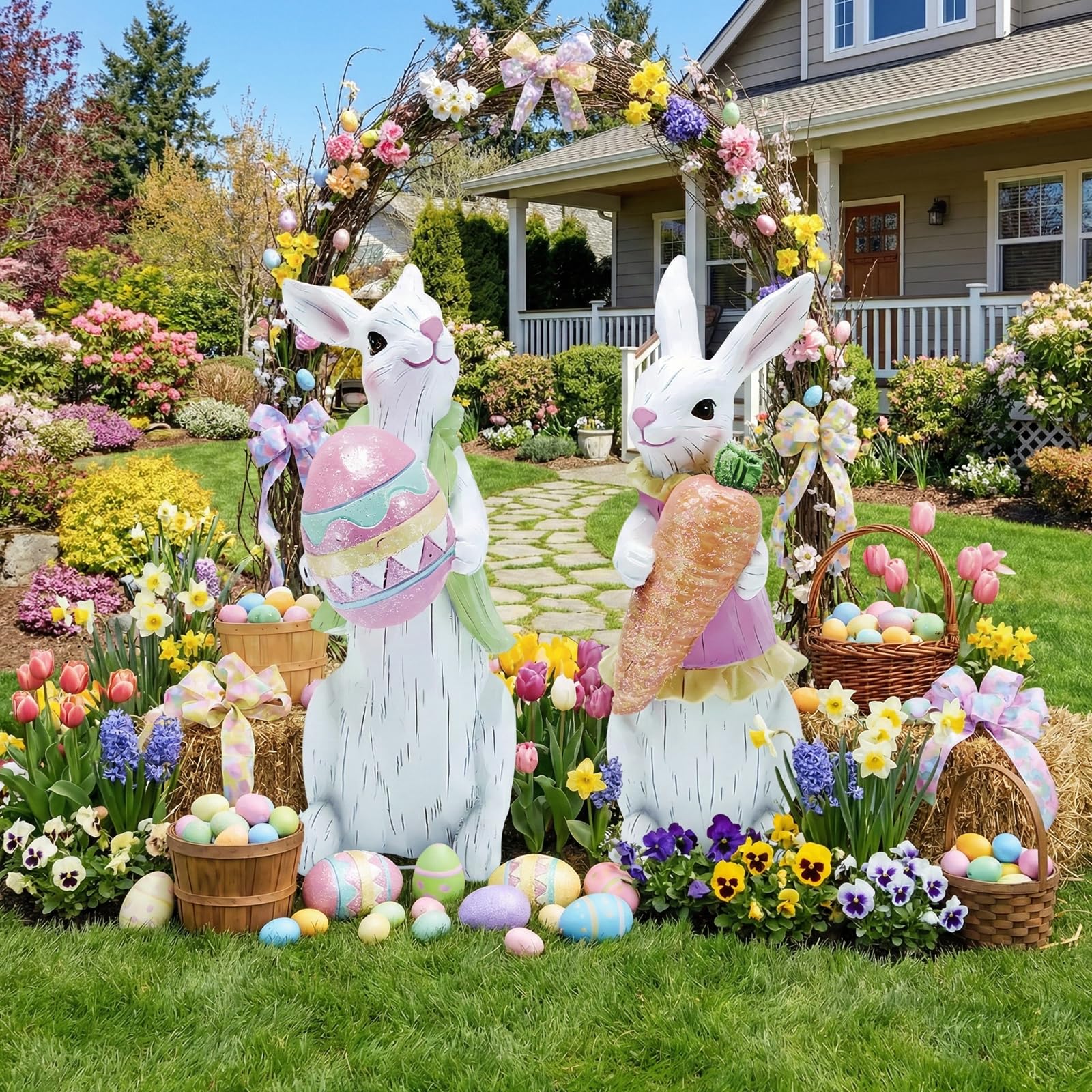 DUNFACK Easter yard sign with wood grain corrugated plastic, weatherproof outdoor decor.