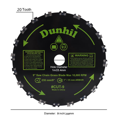 Dunhil brush cutter blade closeup on carbon steel for durability.