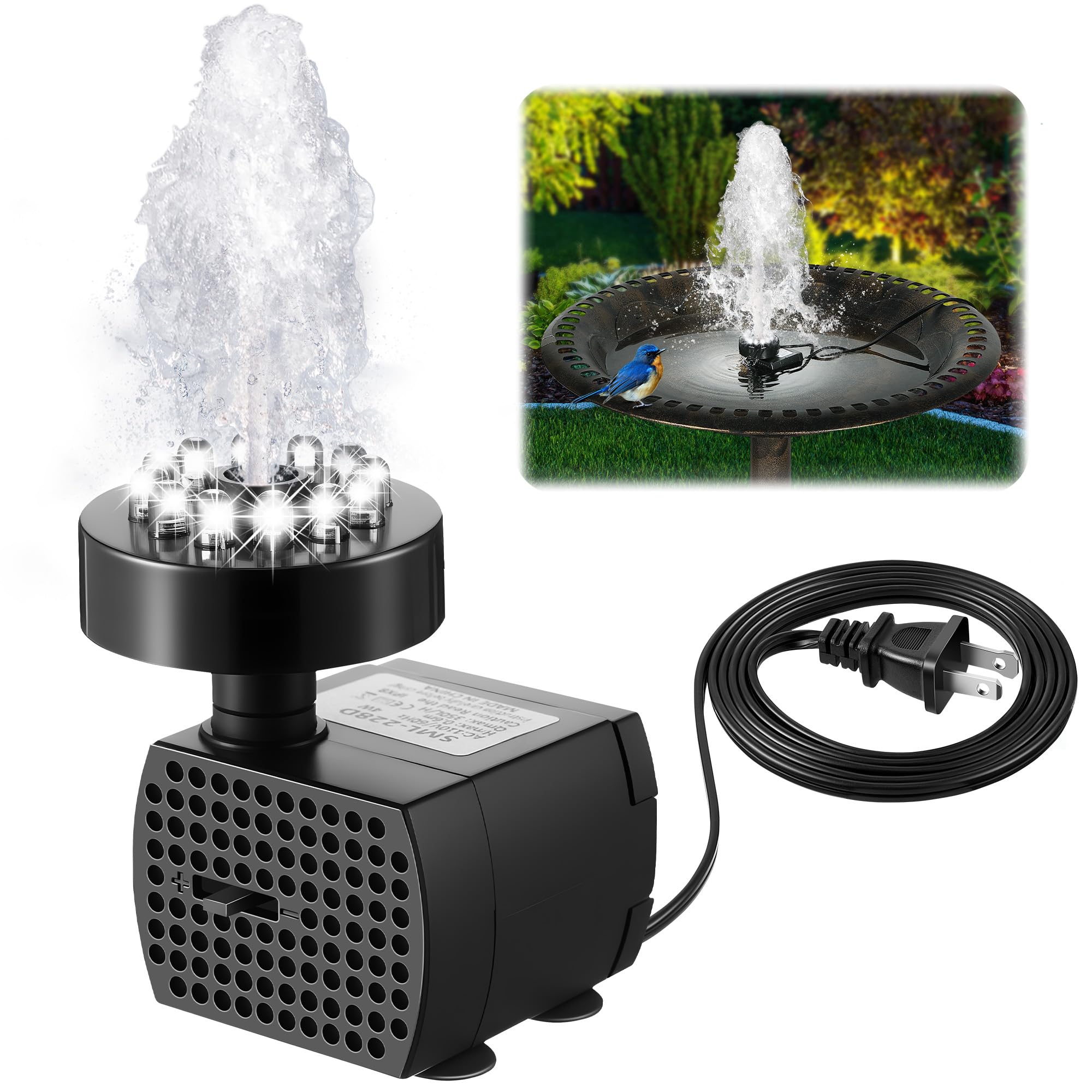 Dunkive Bird Bath Fountain with 12 LEDs lighting your garden day and night.
