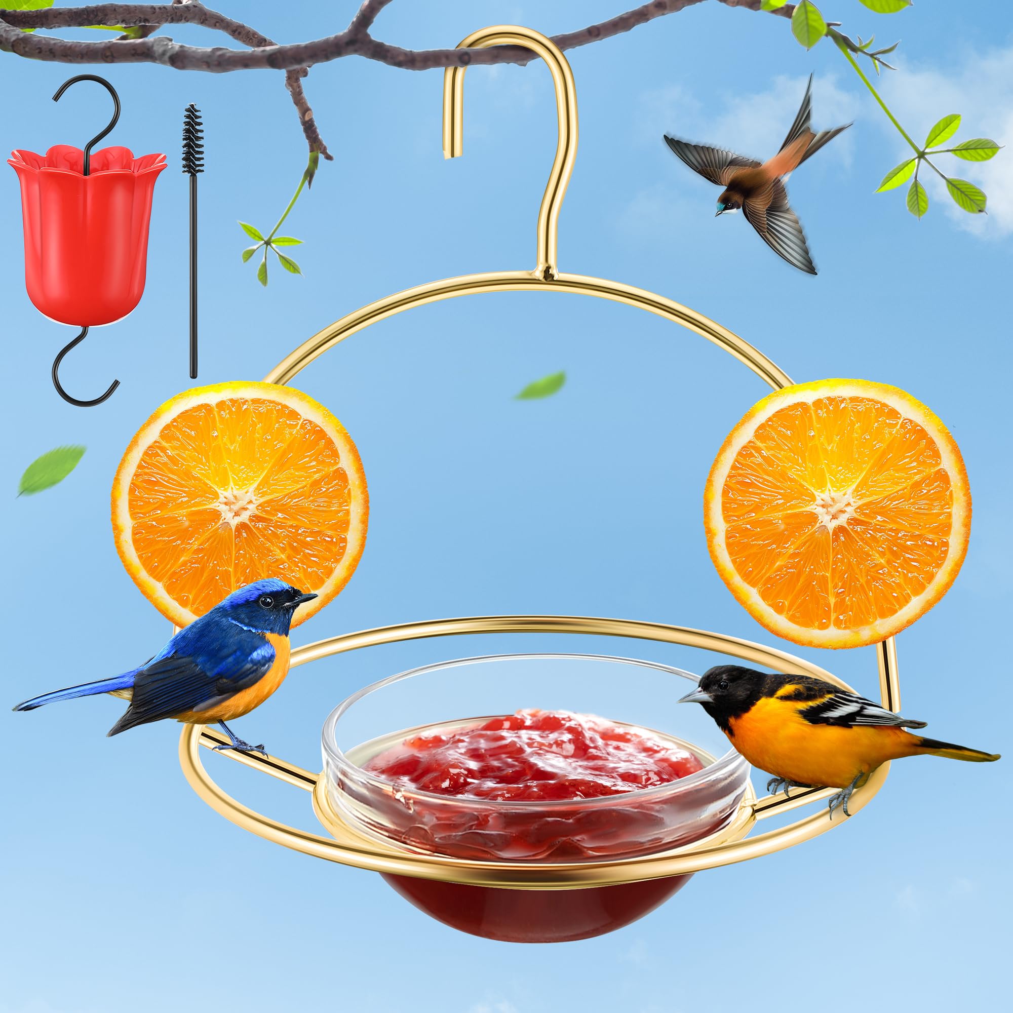 Dunkive oriole feeder with gold metal frame ready to hang in your garden