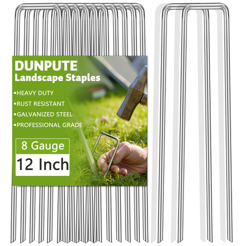 DUNPUTE heavy-duty 12-inch stake top view secures weed barrier reliably.