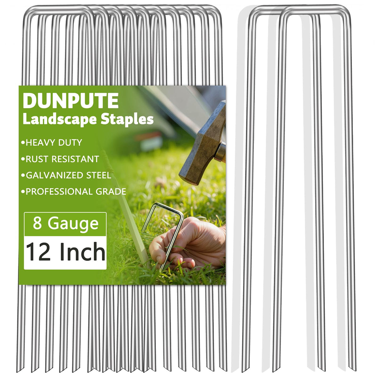 DUNPUTE heavy-duty 12-inch galvanized stake with top width for reliable ground security.