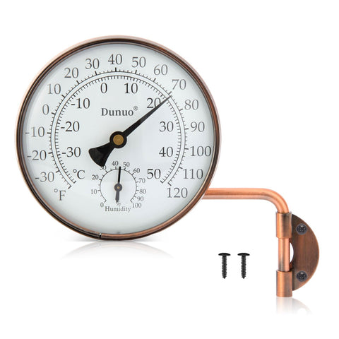 DUNUO 4-inch brass outdoor thermometer dial for clear outdoor readings.