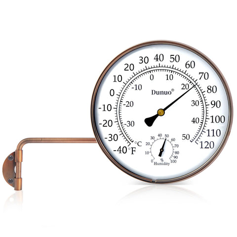 DUNUO 6-inch outdoor thermometer with brass swivel for wall or window mounting.