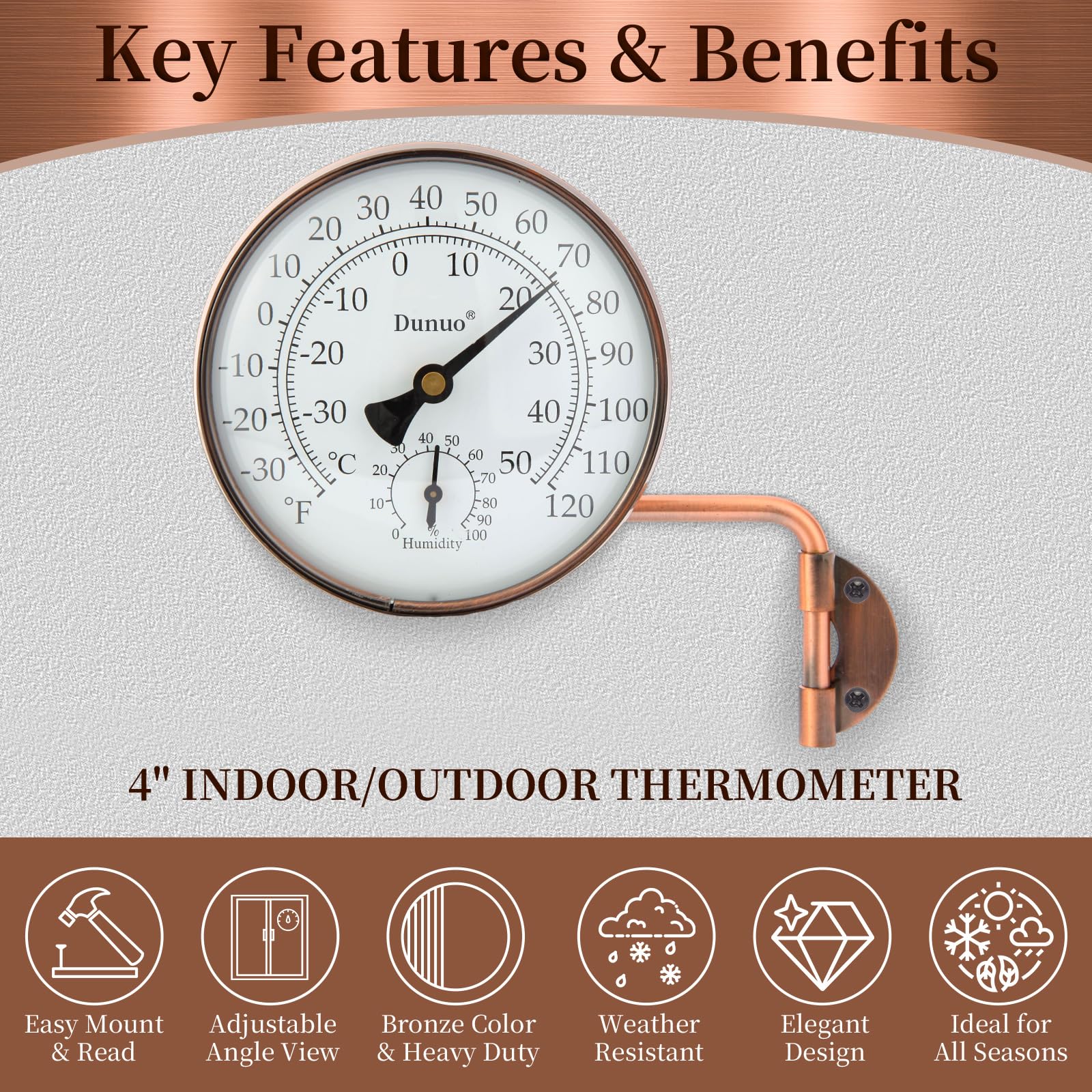 DUNUO analog thermometer with humidity gauge for room climate awareness.