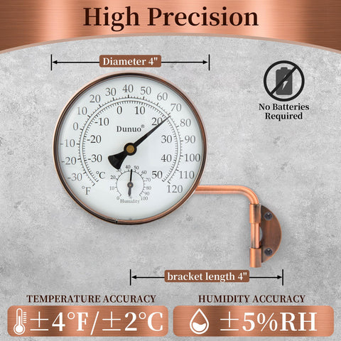 DUNUO brass wall-mount thermometer for versatile indoor and outdoor use.