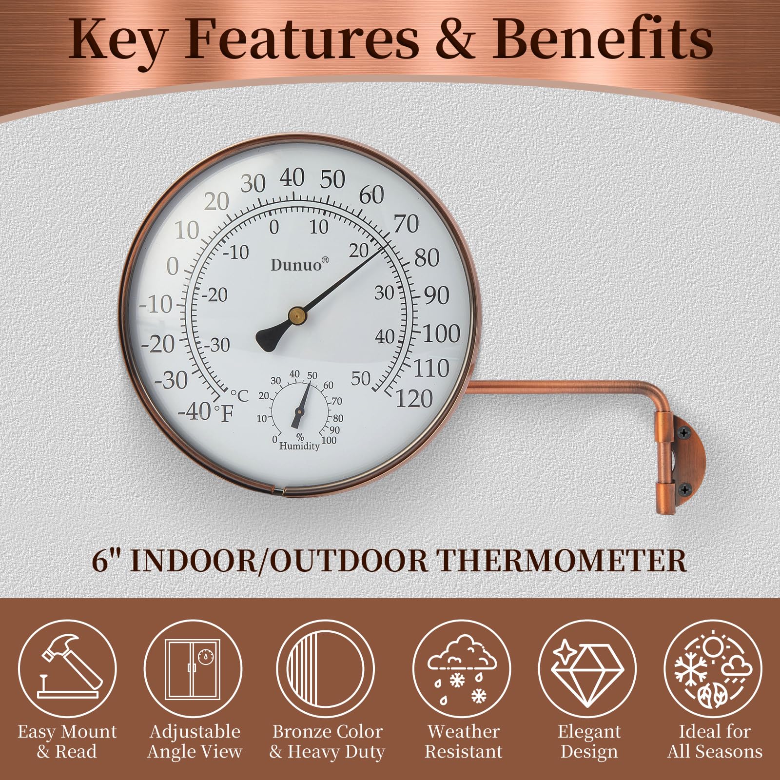 DUNUO outdoor thermometer with humidity gauge for climate awareness.