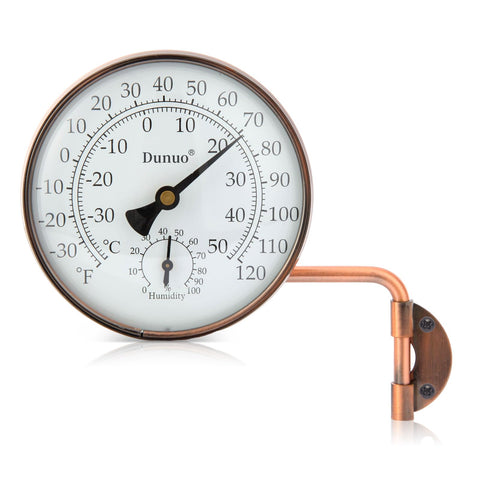 DUNUO window-friendly outdoor thermometer with brass swivel for visibility.