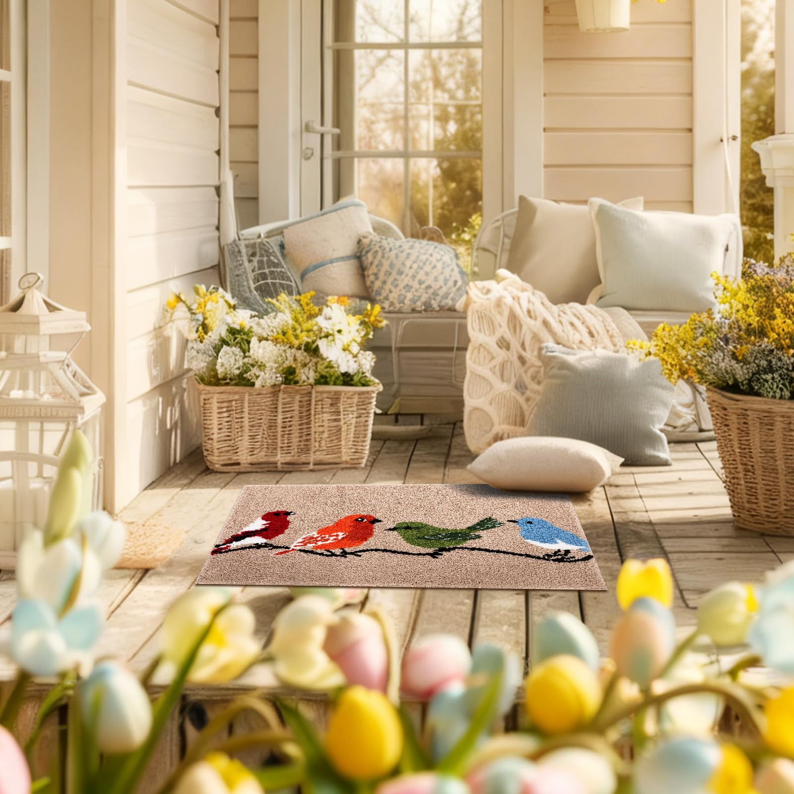 Dunzy blue and gold birds motif enhances entryway decor and curb appeal.