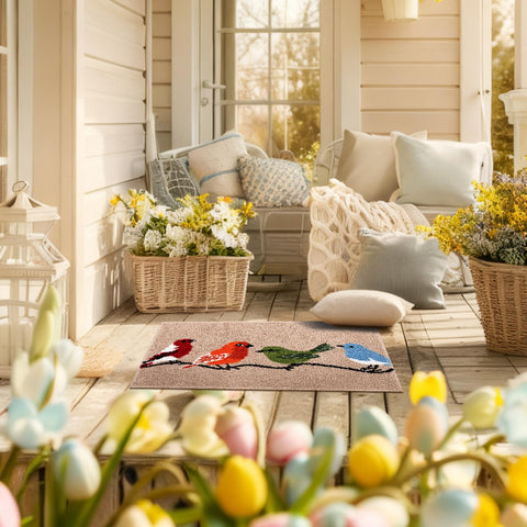Dunzy blue and gold birds motif enhances entryway decor and curb appeal.