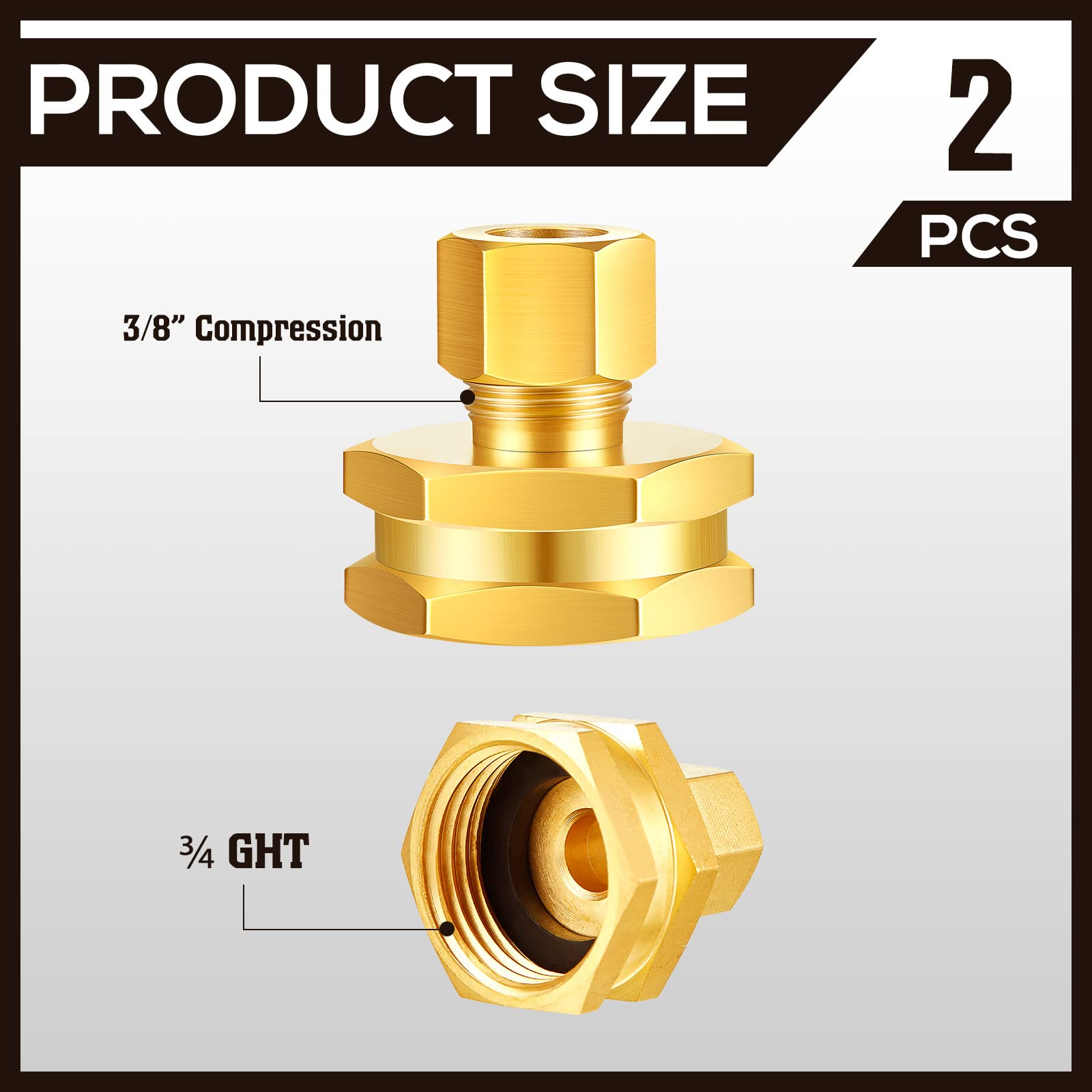 Dunzy brass hose adapter showing hex heads for easy grip on both sides