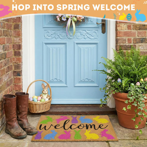 Dunzy colorful Easter pattern mat enhances seasonal entryway decor.