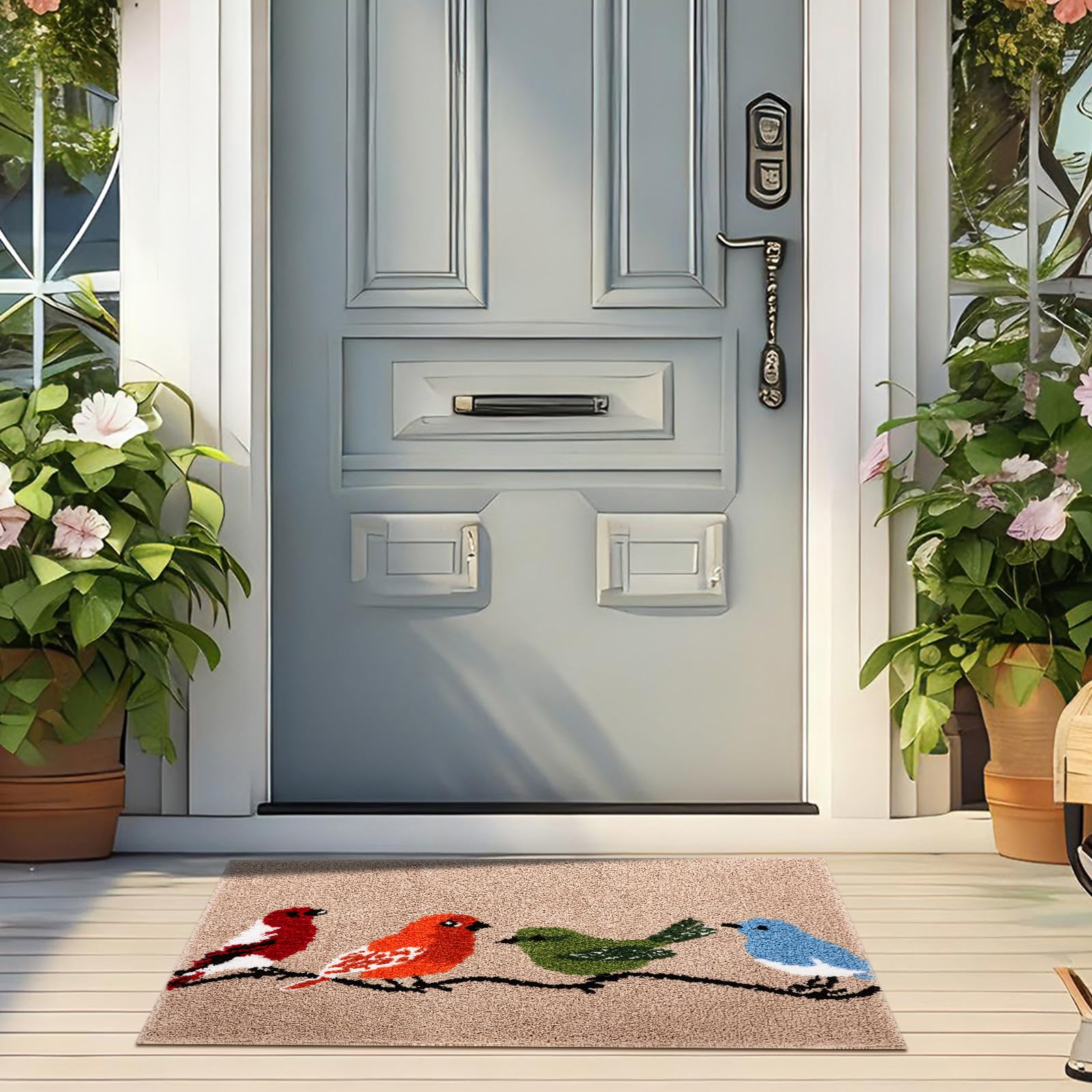 Dunzy colorful spring birds front door mat greets guests with vibrant seasonal style.