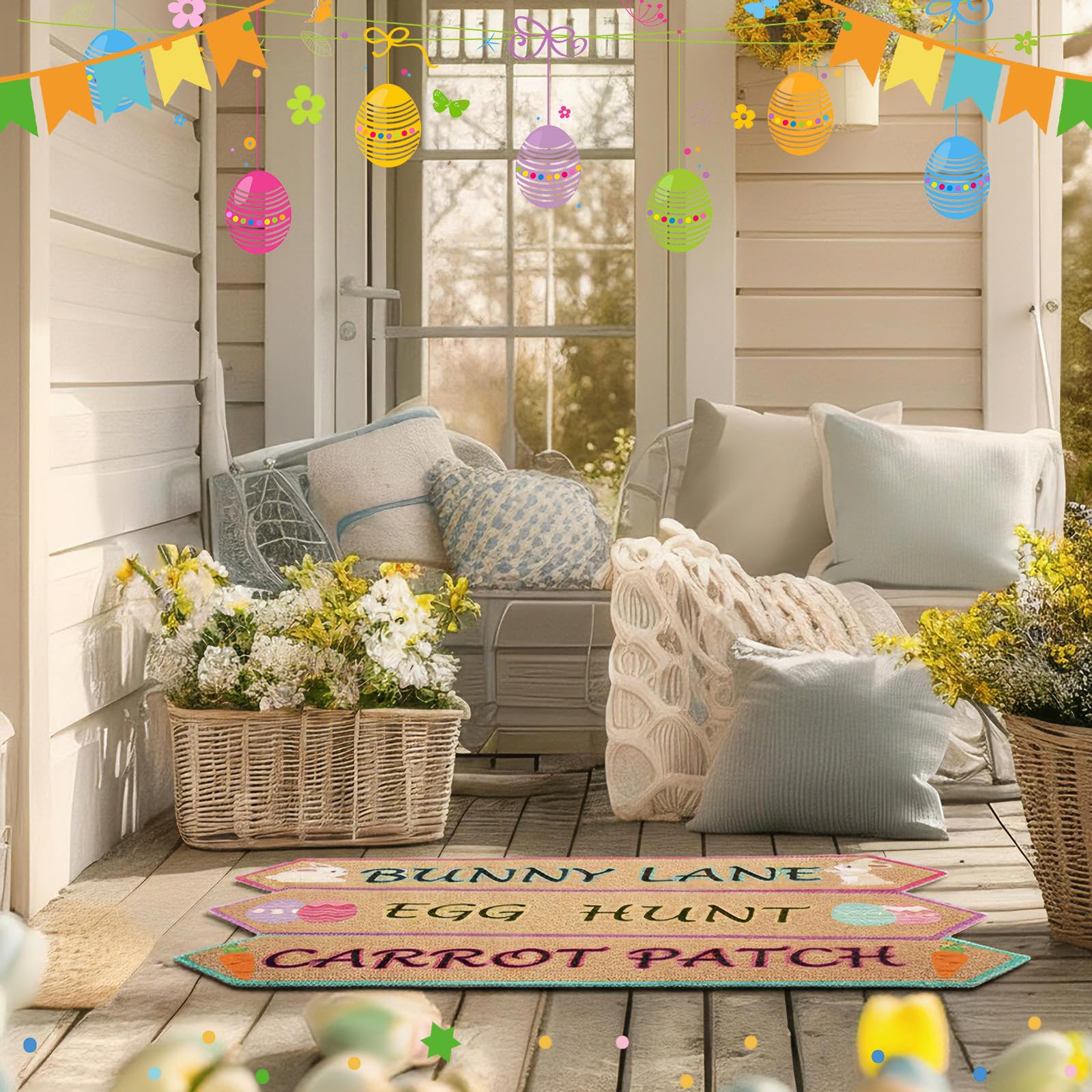 Dunzy Easter coir doormat with non-slip back for safer indoor use.
