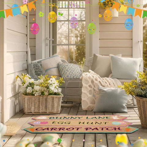 Dunzy Easter coir doormat with non-slip back for safer indoor use.