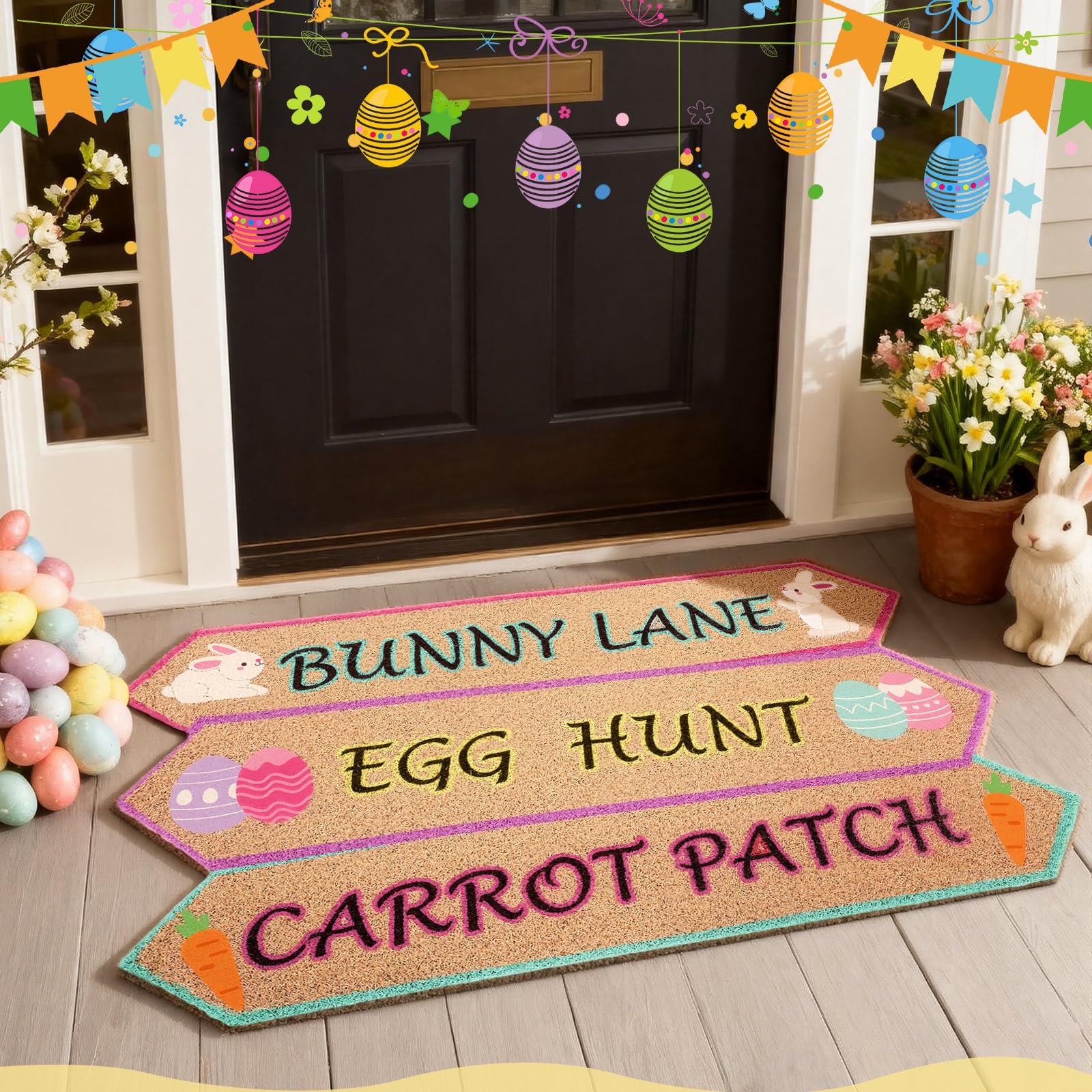 Dunzy Easter coir doormat with signage for the front door, a seasonal welcome.
