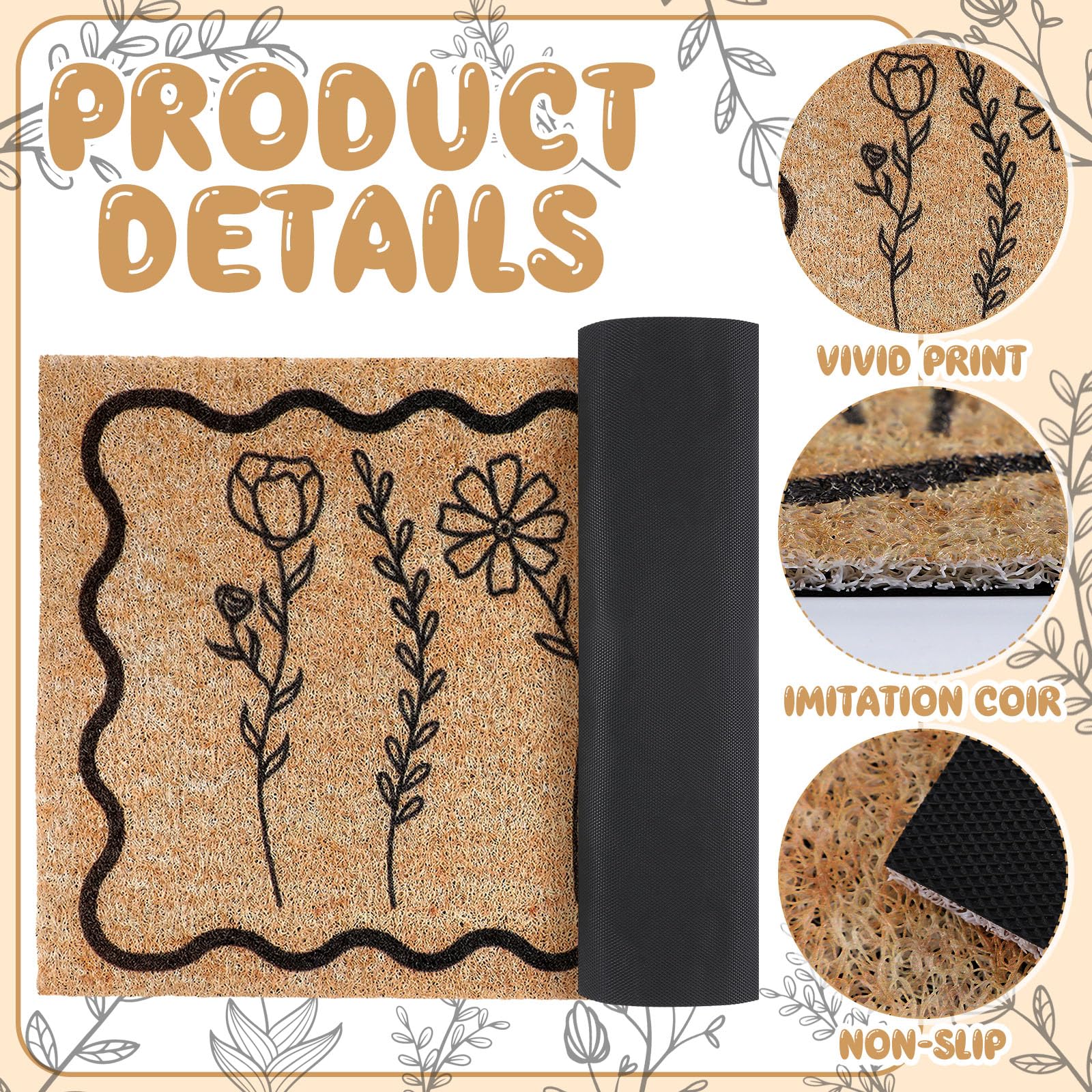 Dunzy Floral Welcome Mat ideal for porches and foyers, easy to clean.